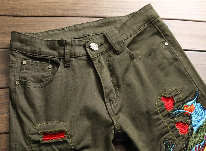 Новинка, прямые Зеленые джинсы с китайской вышивкой, Мужская Уличная одежда, рваные джинсы в стиле панк, хип-хоп, карандаш, байкер, патч-брюки