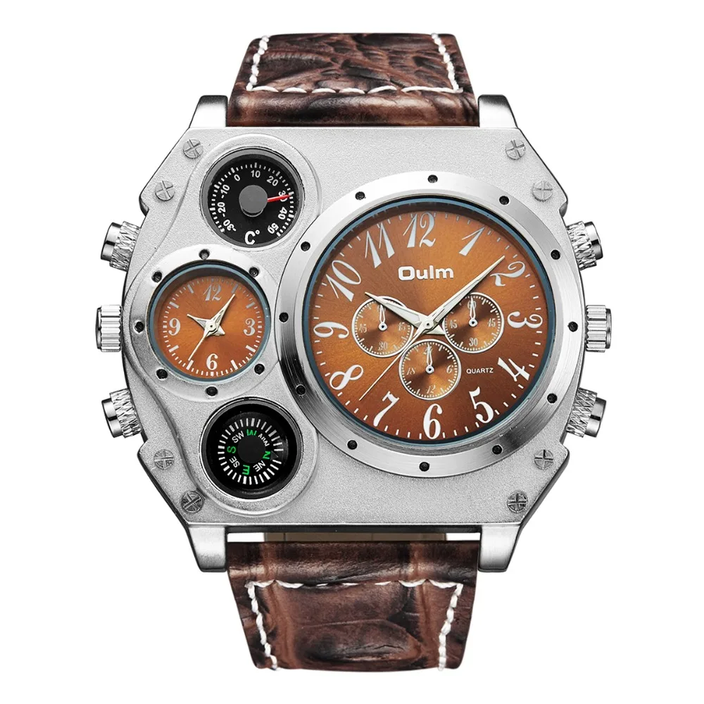 

Oulm Men Watches Luxury Brand 2 Time Zone Quartz Watches Men Sports Watches Compass Thermometer Decoration relogio masculino
