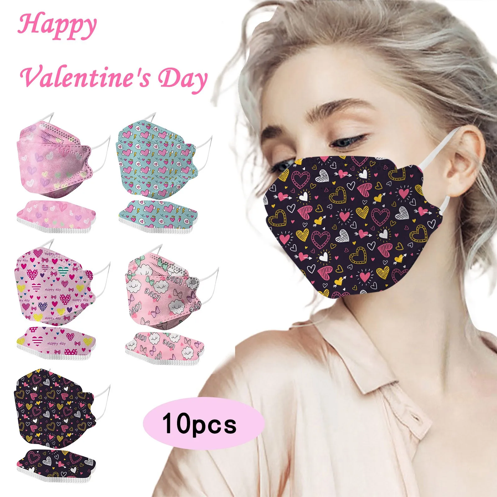 10pcs Mask For Adults Valentine's Day Heart Print Maske Fish Type Full Face Covers Mouths