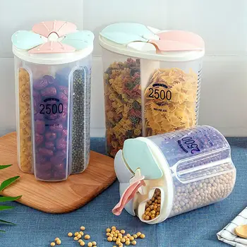 

2500ML 4 Grid Sealed Storage Box Crisper Grains Food Storage Tank Household Kitchen Food Containers for Dry Cereals Measure Cups