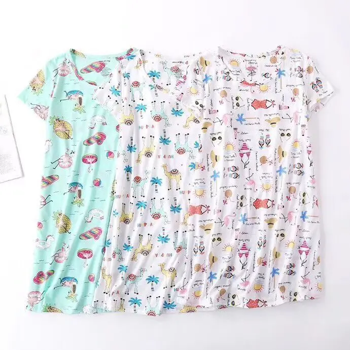 Summer New Style Cartoon Printed Short Sleeve Nightgown Korean-style Large Size Tracksuit Knitted Cotton Cute Pajamas