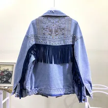 Новая Осенняя женская джинсовая куртка в стиле ретро с цветочной вышивкой в стиле панк, с заклепками, синяя, женская Свободная джинсовая куртка, ковбойские куртки с кисточками