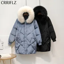 CRRIFLZ куртка-пуховик на 90% белом утином пуху средней длины с воротником из лисьего меха, пальто с капюшоном, зимняя куртка для женщин, теплый пуховик с натуральным мехом