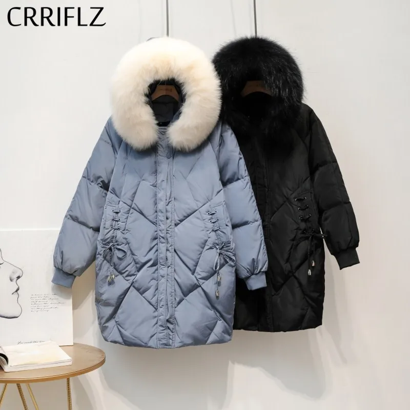 CRRIFLZ куртка-пуховик на 90% белом утином пуху средней длины с воротником из лисьего