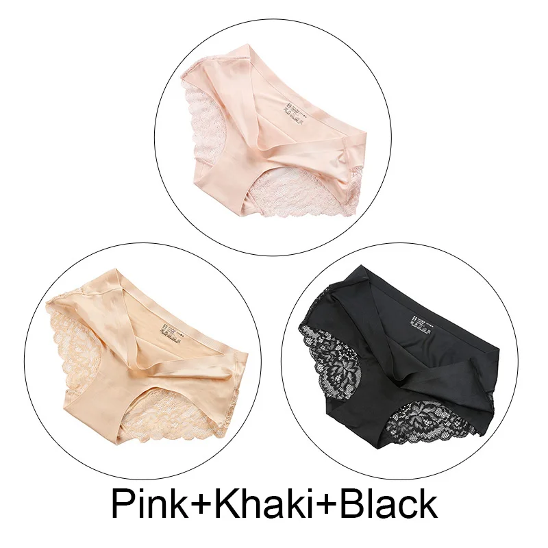 Pink Khaki Black 3 шт./партия, шелковые сексуальные кружевные трусики, женские бесшовные трусики, нижнее белье с низкой посадкой, женское Прозрачное нижнее белье, юбка-брюки - Цвет: Pink Khaki Black