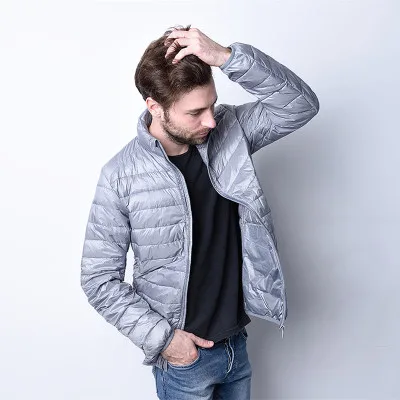 gray Stand collar Зимний модный бренд, ультра-светильник, куртка на утином пуху, Мужская Уличная одежда с капюшоном, светильник, пуховое пальто, водонепроницаемая Теплая мужская одежда - Цвет: gray Stand collar