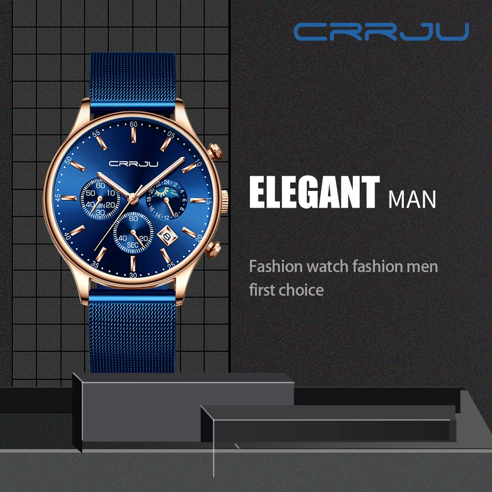 Relogio Masculino CRRJU Luxury Quartz Watch for Men Blue Dial Watches Sport Watches Chronograph Clock Mesh Belt Wrist Watch images - 6