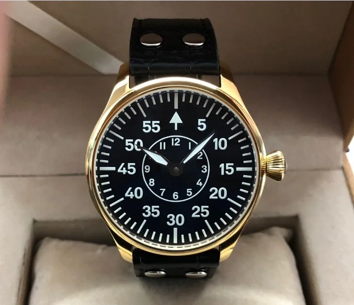 

Sapphire crystal or Mineral glass 44mm no logo two hands Asian 6497 Mechanical movement golden case luminous men's watch 6-9
