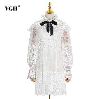 

VGH Sexy Lace Mesh Women's Dress Stand Collar Lantern Sleeve High Waist Perspective Bowknot Dresses Female 2020 Fashion Clothing