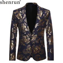 Shenrun мужские черные темно-синие блейзеры с золотым цветочным принтом повседневные куртки Свадебный костюм жениха куртка певец и ведущий сценический костюм Блейзер