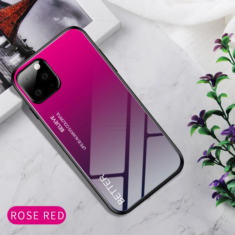 Блестящая задняя крышка для iPhone 11, чехол с градиентным закаленным стеклом, мягкая термополиуретановая форма для iPhone 11 Pro/MAX, чехлы для мобильных телефонов - Цвет: Rose Red