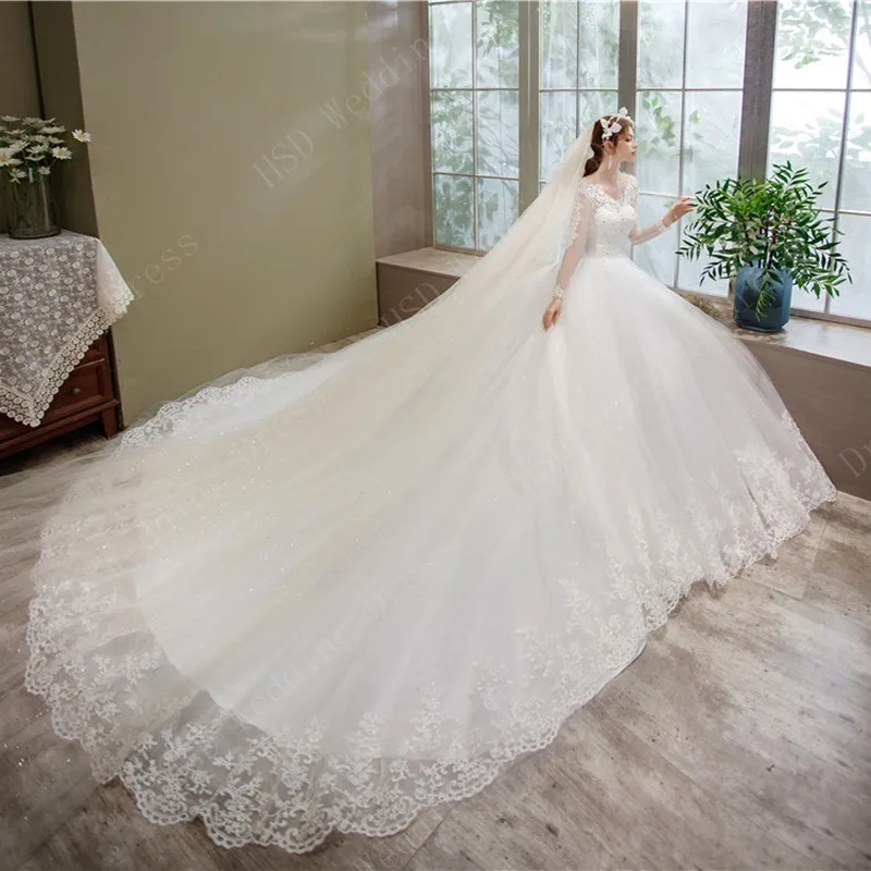 свадебное платье Lace Embroidery Wedding Dress With Long Sleeve Train Real Vedio Gown V Neck Elegant Plus Size Vestido De Noiva tea length wedding dress