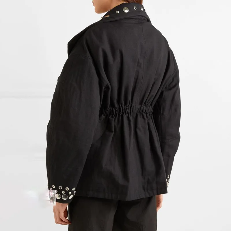 

Handsome Rock Industrial Rivet Pleated Waist Hugging Large Pocket Contrast Color Lining Profile Coat Jacket Women's