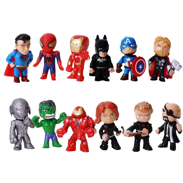 12 Pcs 4 CM Мстители миниатюры Marvel ПВХ Фигурки Человек-паук Фигурки, детские игрушки Капитан Marvel Бэтмен Человек-паук Халк - Цвет: 12 Pcs 4 CM