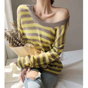 

Free Shipping Women Sweater 2019 Winter New Arrive Fashion O Neck Full Sleeve Print Striped Loose Pullovers 0015