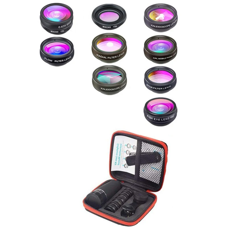 

FFYY-Apexel 10 In 1 Mobile Phone Lens Telephoto Fisheye Lens Wide Angle Macro Lens+Cpl/Flow/Radial/Star Filter For All Smartphon