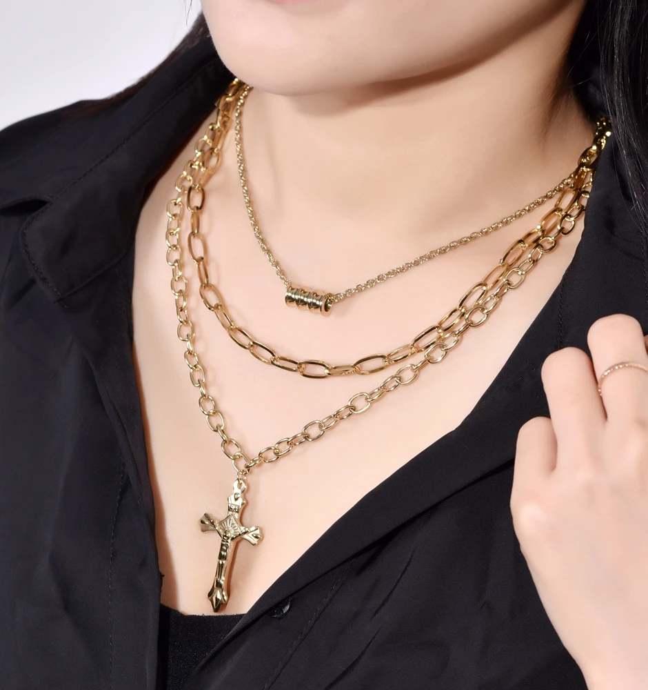 SDA  Hiphop Punk  Rock Jewelry Gold Color Stainless Steel Long Chains Set  Jesus Cross Pendants