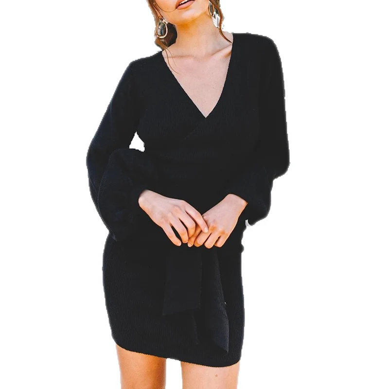 

Fashion Short Mini Dress Solid V- Neck Lantern Sleeve Ruched Party Wrap Autumn Winter Lace-up Dress