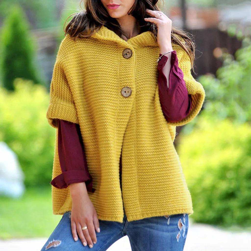 

JAYCOSIN Women Winter Half Sleeve Solid Color Hooded Sweater Cardigans Outwear Coats Casual Button Solid Color Cardigan Jacket