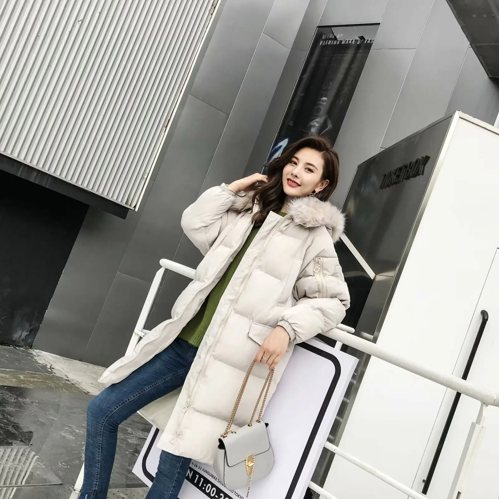

2019 Spring New Style Western Style Hooded Solid Color Mid-length Large Fur Collar Cotton-padded Clothes