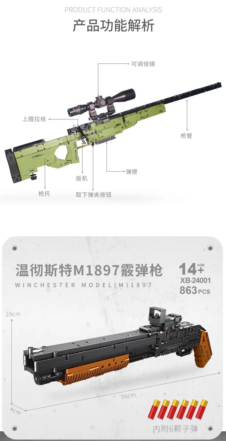 Военная техника Technic серии пушки блоки могут пули набор AWM Винчестер M1897 DIY модели строительные блоки игрушки для мальчиков