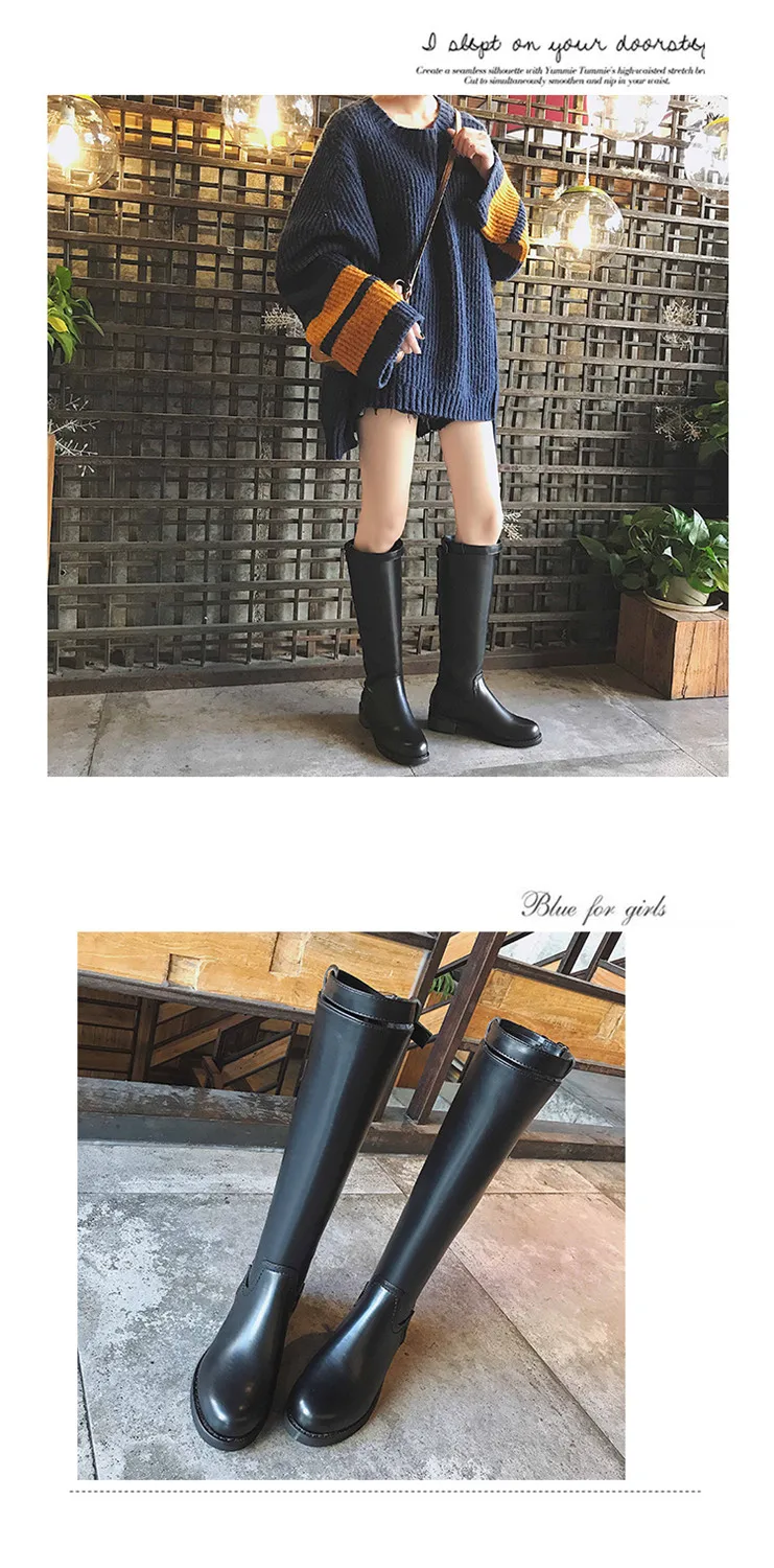 Новая зимняя обувь; женские военные сапоги до колена; рыцарские сапоги из искусственной кожи на толстом каблуке с круглым носком; Цвет Черный; с плюшевой подкладкой