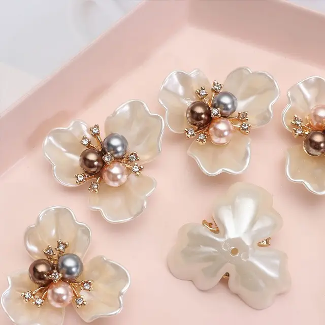 5/10Pcs Rhinestone Buttons Pearl Flower Button Flat Back Gems