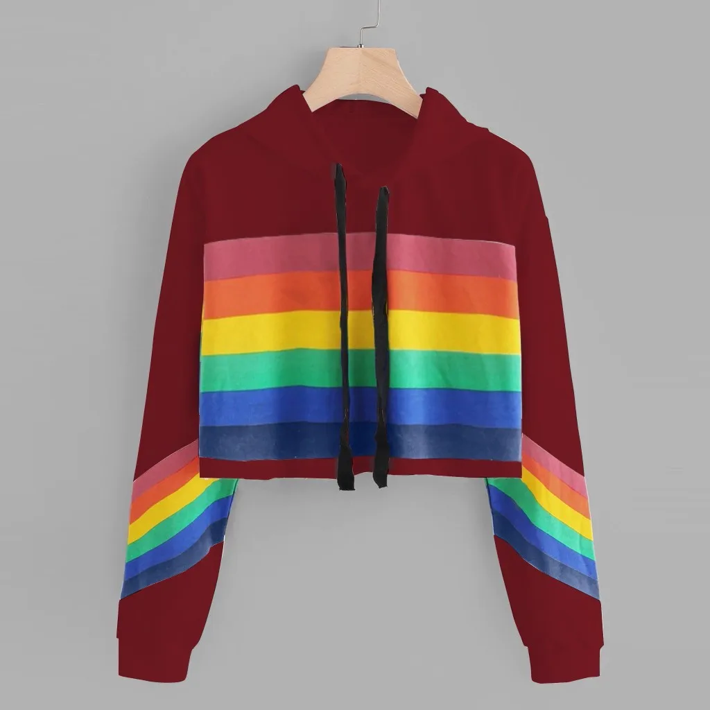 JAYCOSIN Fashion Women Rainbow Print Loose Long sleeve Sweatshirt Casual Stripe Colourful Chic Solid Elegant Hooded Pullover