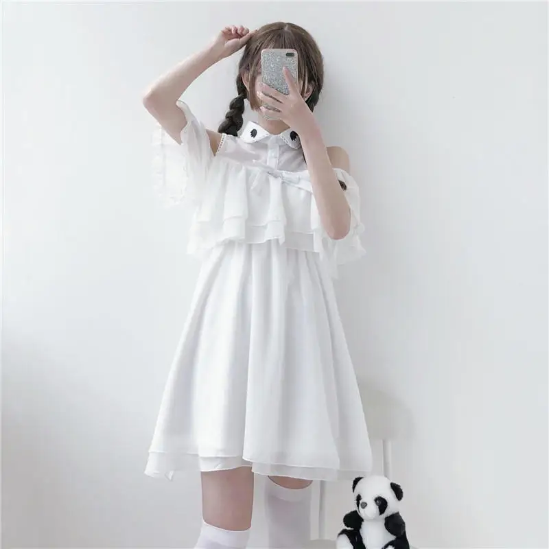 Летние kawaii для девочек белого цвета; милые платье в стиле «Лолита» милым вышитым двойным воланом без бретелек платье в викторианском стиле Лолиты в готическом стиле лоли - Цвет: Белый