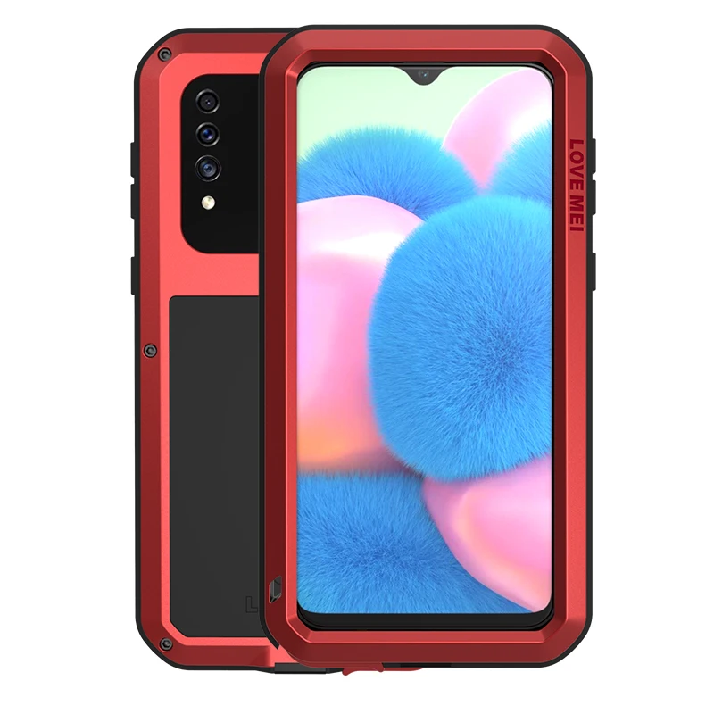 Красный Мощный противоударный чехол LOVE MEI для samsung Galaxy A30S A307 A307F, сверхпрочный чехол, силиконовый металлический чехол, закаленное стекло - Цвет: Красный