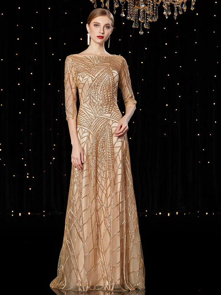 

Gold Sequins Half Sleeve Sexy Prom Dress Scoop Neck Vestido Graduacion Largo Long Prom Dresses Glitter Graduation Dresses