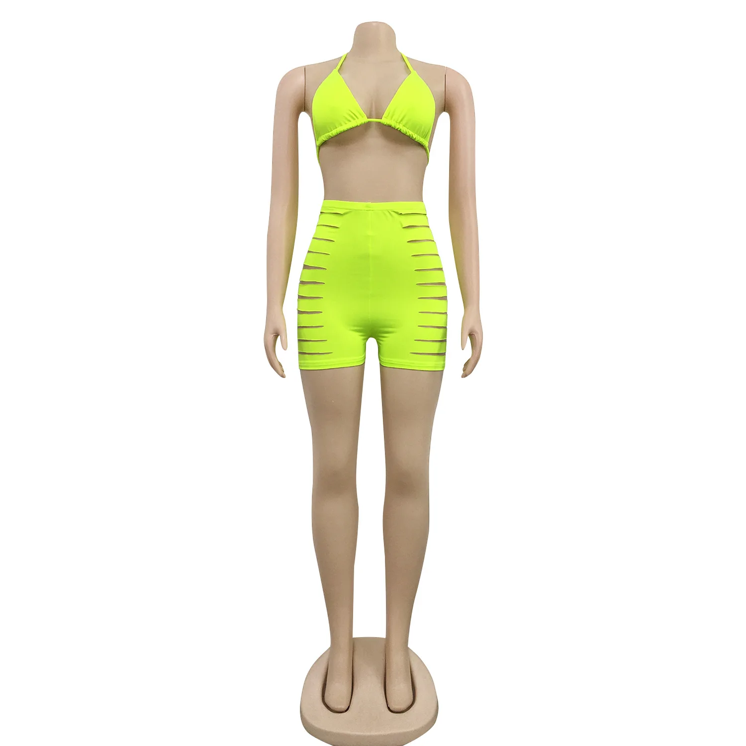 white co ord set Neon Green Orange Women 2 Piece Set Summer Club Outfit Halter Neck Backless Bra Top and Hollow Out Skinny Short Beach Wear Suits plus size loungewear sets