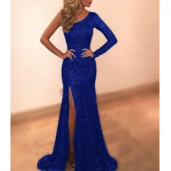 

Elegant Long Maxi Dress 2020 Spring Summer Women One Shoulder Gliiter Slim High Splite bodycon Partry dress