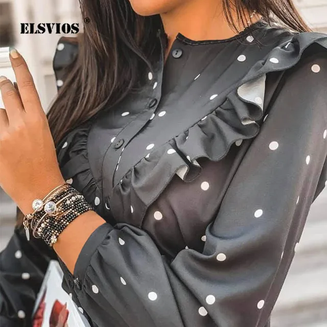 US $12.15 Lady Autumn Long Sleeve Polka Dot Ruffle Blouse Shirt Elegant Casual O Neck Buttons Pullover Women