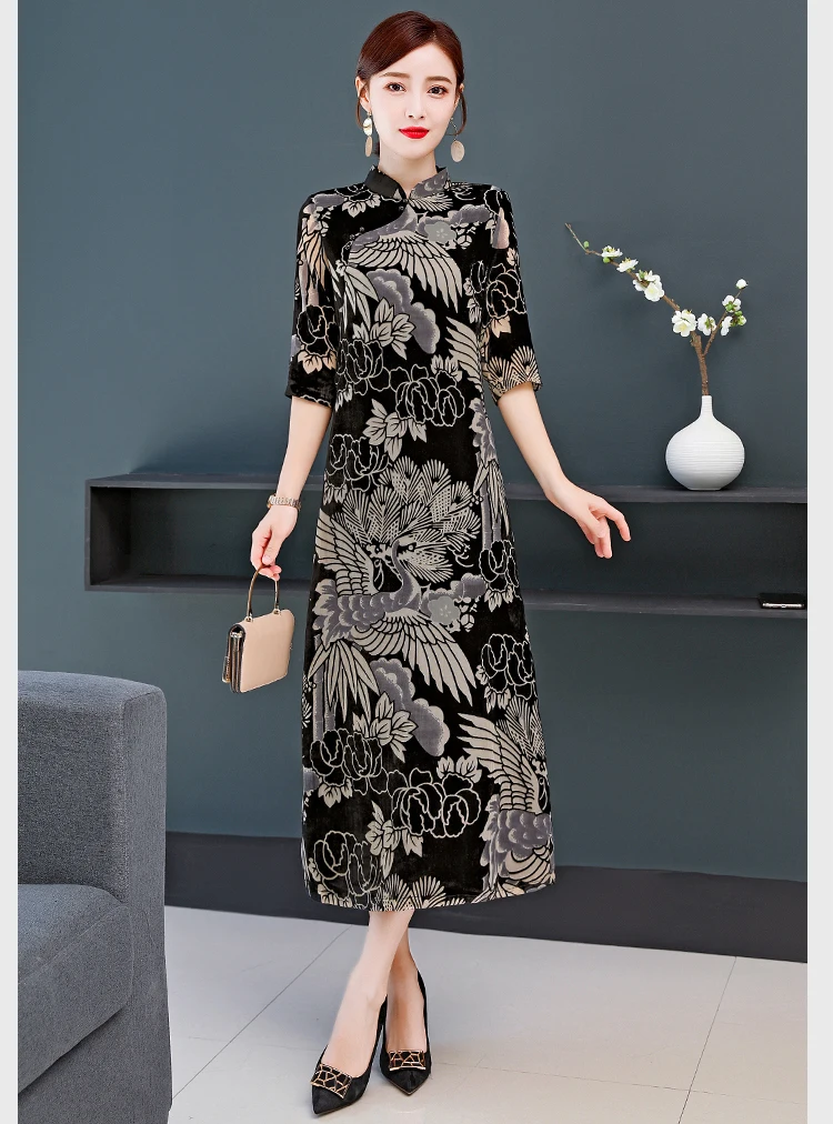 NYFS Демисезонный Винтаж женское платье элегантное платье с принтом длинное платье vestidos Elbise cheongsam M-4XL Размер - Цвет: picture color