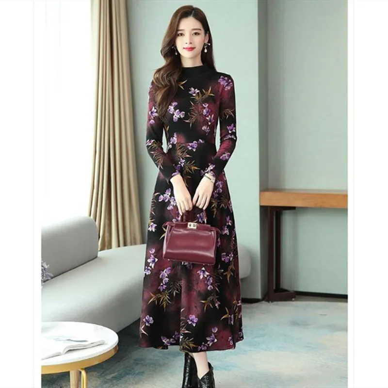 

Women's printed plus velvet dress 2020 autumn and winter new fashion elegant Loose Large size mid-length Dress