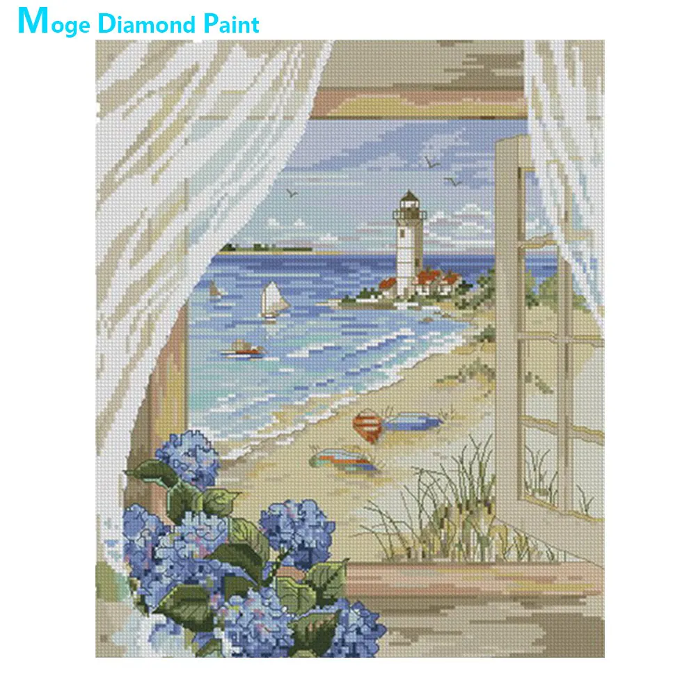 

Outside the window Scenic Diamond Painting Sandy beach Lighthouse Round Full Drill DIY Mosaic Embroidery 5D Cross Stitch gifts