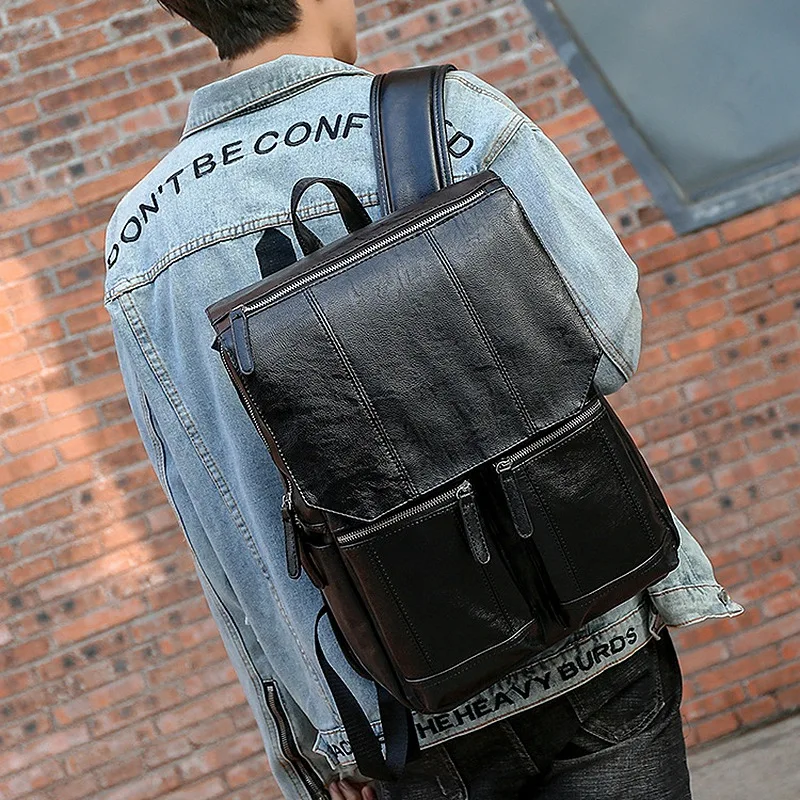 

Leather Backpack Men's Fashion Retro Backpack Multi-Function Multi-Card Travel Punk Men Bags Black