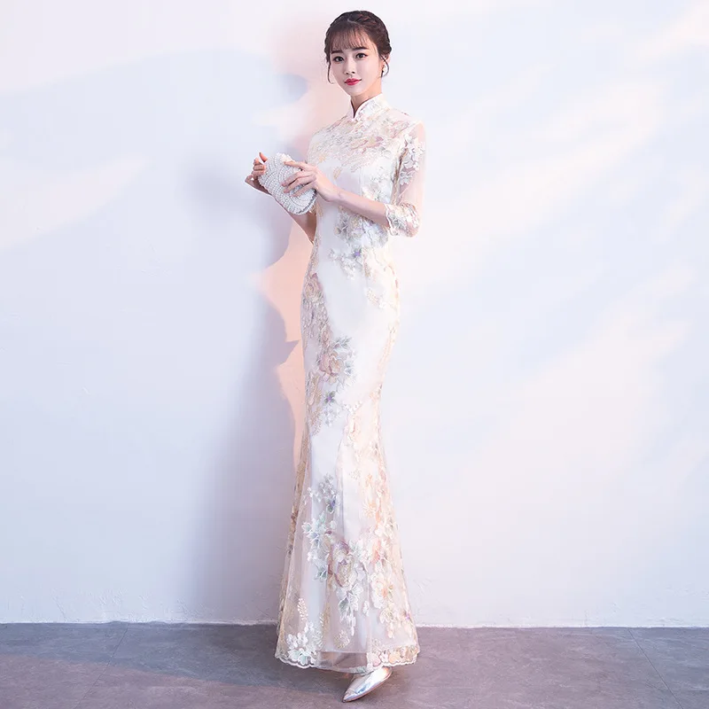 Элегантное китайское вечернее платье Qipao, винтажное тонкое платье русалки, кружевное Цветочное платье подружки невесты, Cheongsam
