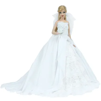 

High Quality Princess Wedding Party Dress Long White Lace Skirt With Veil Clothes for Barbie Doll Accessories Dollhouse Toy