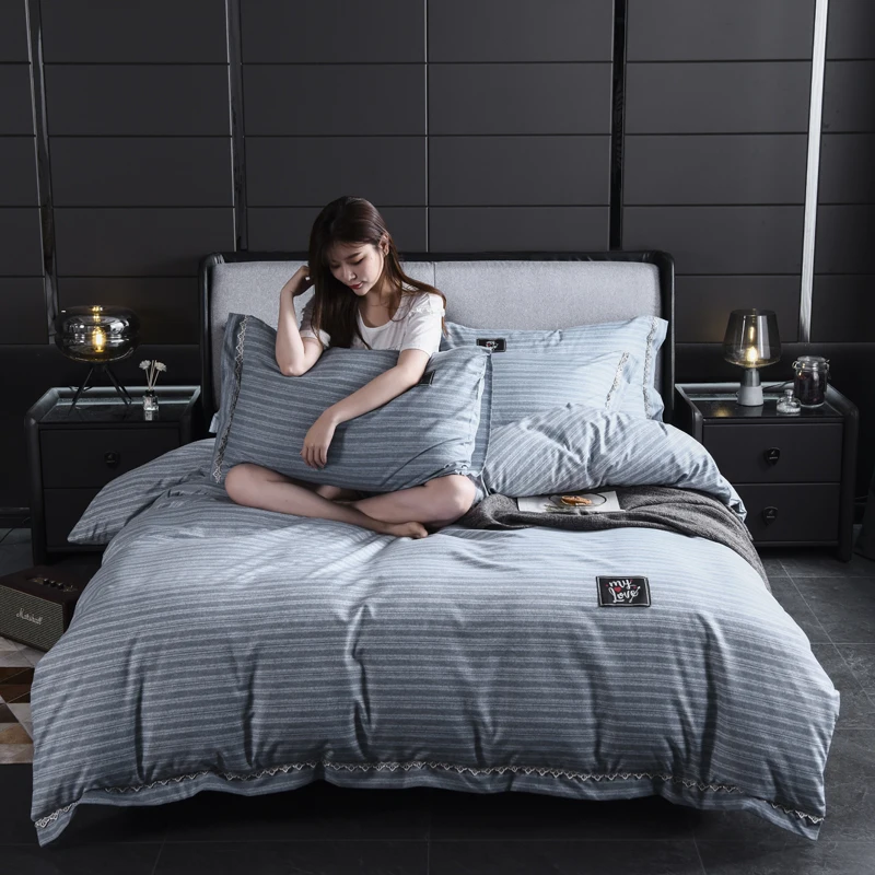 

Brief Style 3 4pcs Duvet Cover Flat Fitted Bed Sheet Pillowcases Ice Blue Grey Pink Green Pink Bean Paste Purple Soft Bed Set