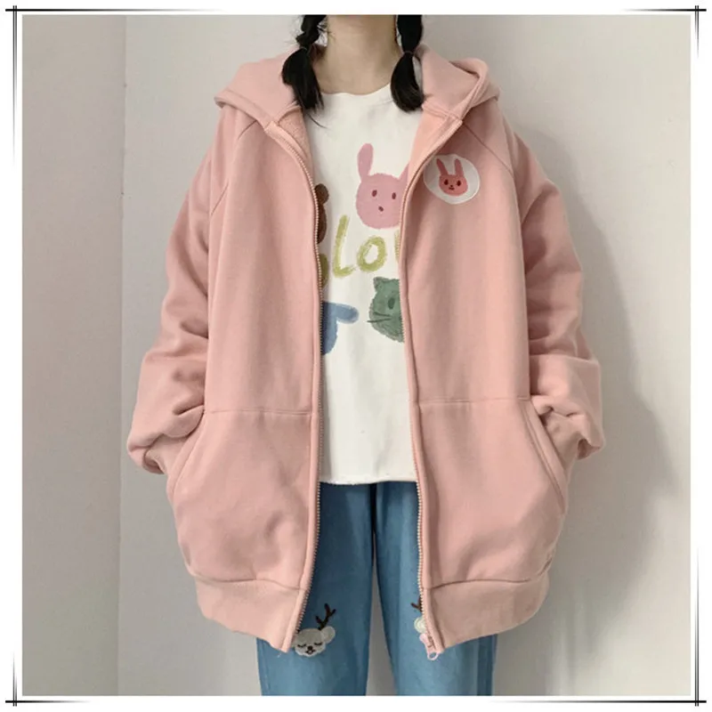 Корейские милые модные толстовки с капюшоном для девочек; сезон осень-зима; свободный свитер на молнии с вышивкой милой панды; бархатные Свободные толстовки - Цвет: Розовый