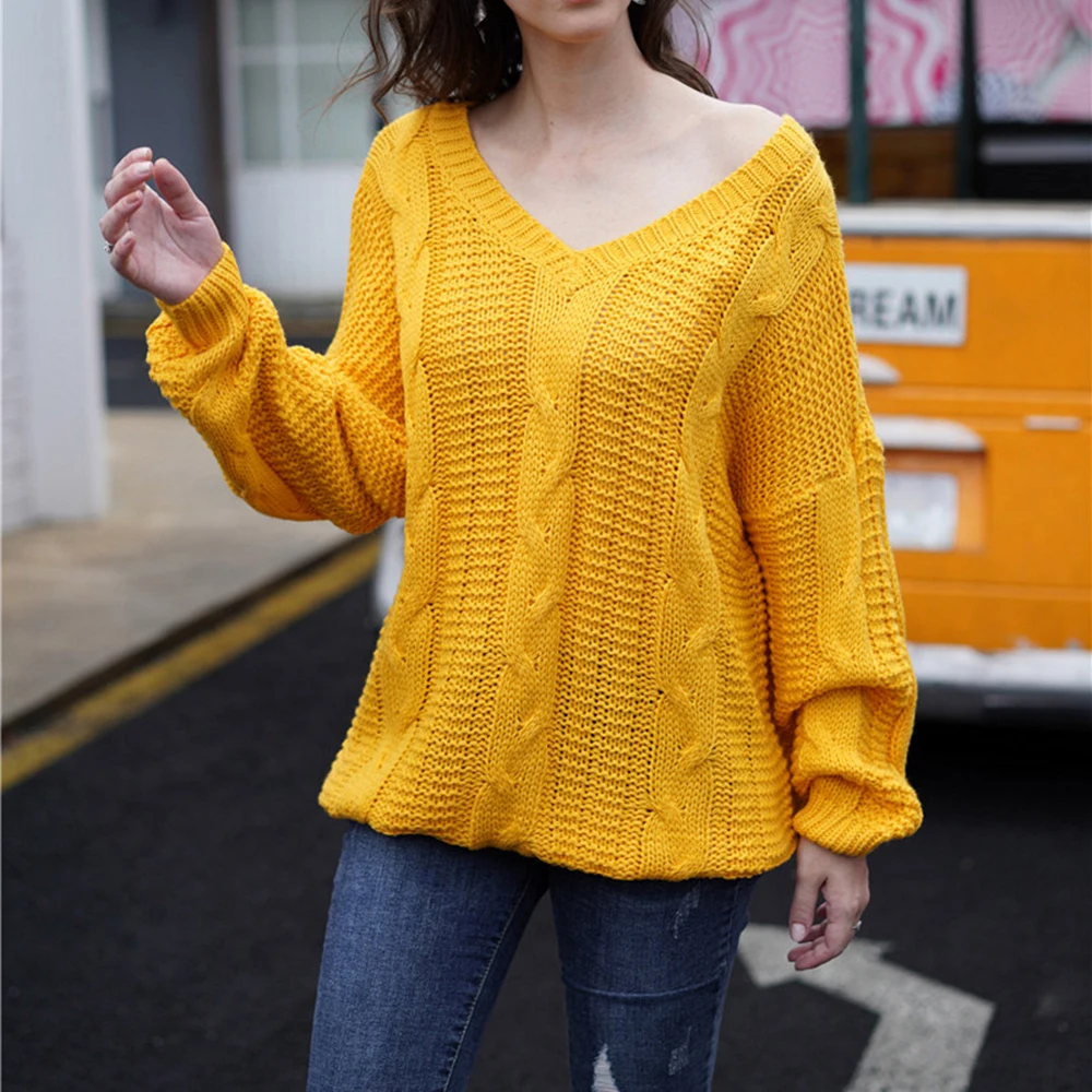 Зимний толстый свитер для женщин, модный вязаный свитер с v-образным вырезом и длинными рукавами размера плюс, повседневные однотонные теплые мягкие джемперы - Цвет: Цвет: желтый
