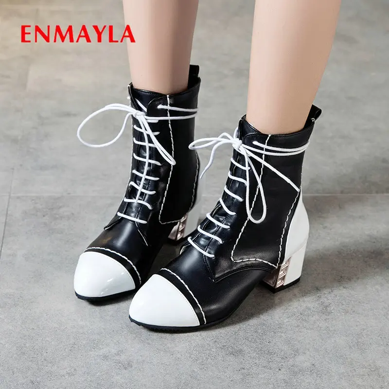 ENMAYLA Womens Shoes Basic PU Round Toe Ankle Boots for Women Square Heel Lace Up Mixed Colors Short Plush High 34-43 | Обувь