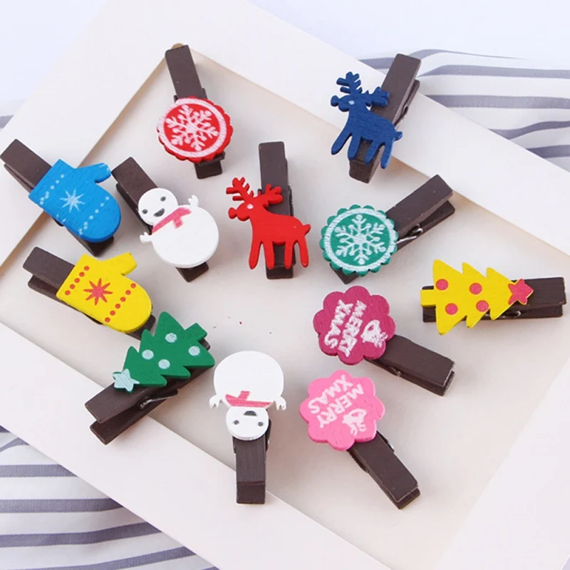 #*Cheap 12Pcs Christmas Decor Cute Anmal Natural Wooden Clips With Twine For Photo Clips Clothespin Craft Decoration Clips Pegs