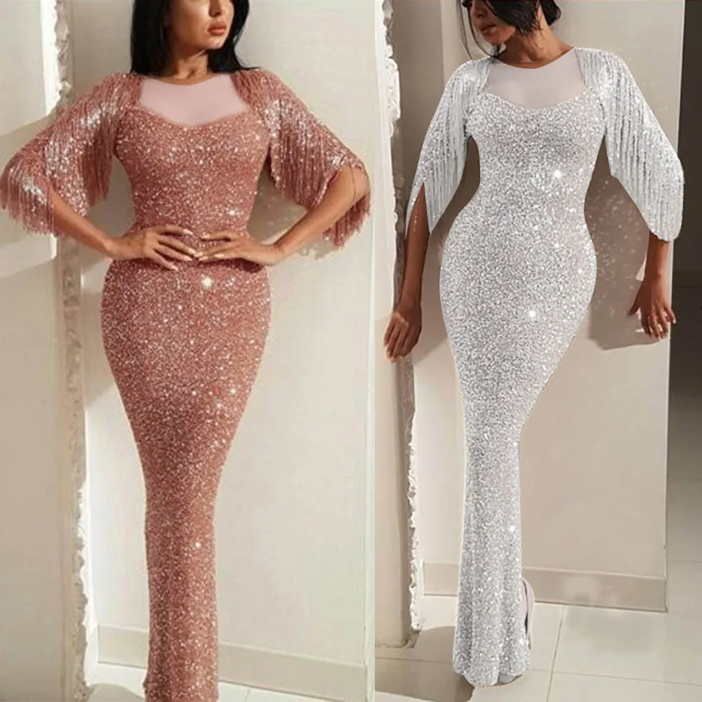 

New Spliced Tasseled Blingbling Dress Slim Dress with Buttocks and Fishtail Skirt, Open Fork Dress for Wome