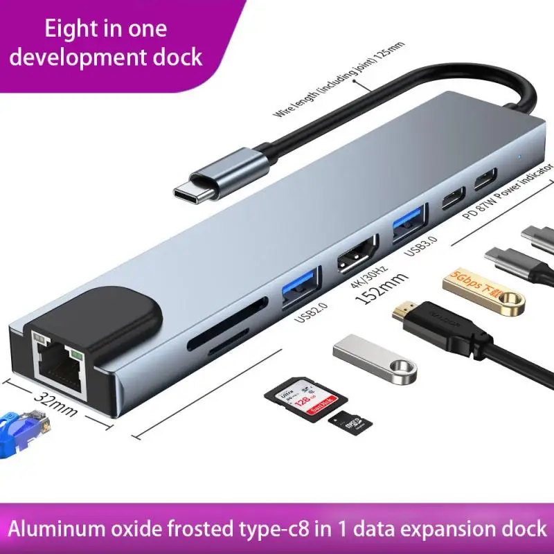 Concentrador de red USB tipo C 8 en 1, 3,1 a 4K, HDMI, Compatible con RJ45, USB SD/lector de tarjetas TF PD, base de carga rápida para MacBook Air Pro, Centro para PC