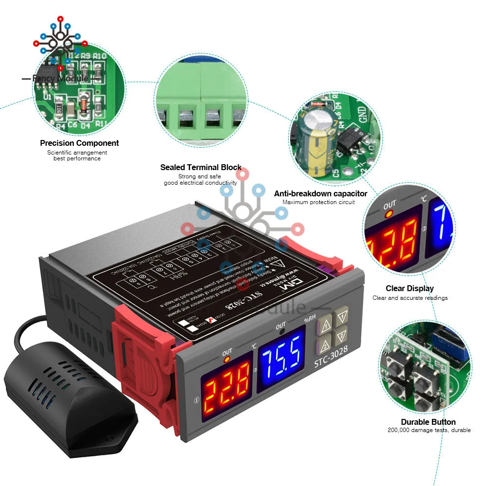 Двойной цифровой регулятор температуры 12V 24V 110V 220V STC 3028 10A термостат контроль