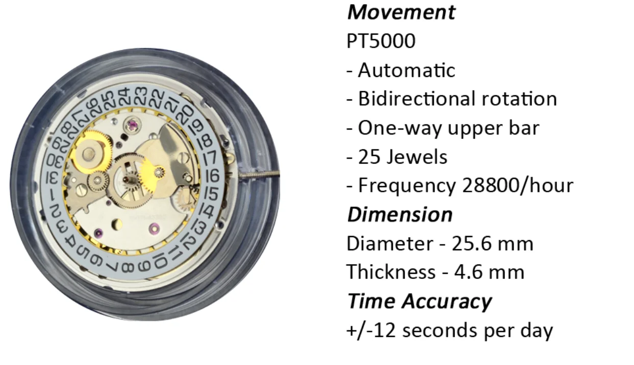 25 Jewels Gold PT5000 Mechanical Watch Movement 28800 bph ETA 2824