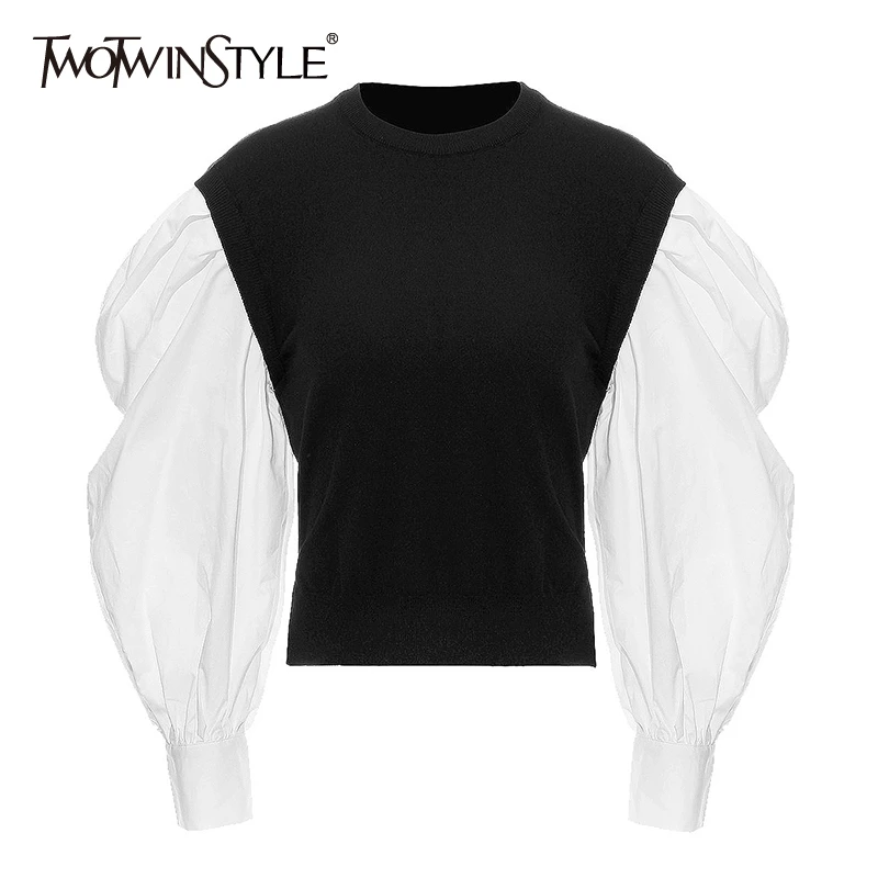 TWOTWINSTYLE трикотажное мозаичное яркое цветное женское свитер с пышными рукавами и круглым вырезом, свободные свитера для женщин, осенняя мода, новинка